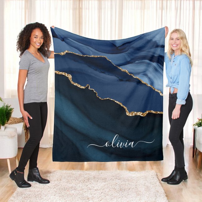 Navy Blue Agate Geode Gold Monogram Fleece Blanket (Creator Uploaded)