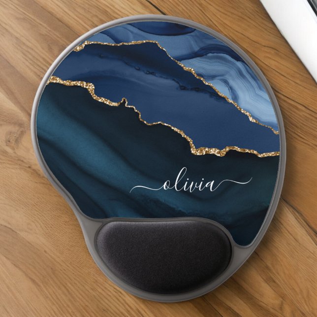 Navy Blue Agate Geode Gold Monogram Gel Mouse Pad (Creator Uploaded)
