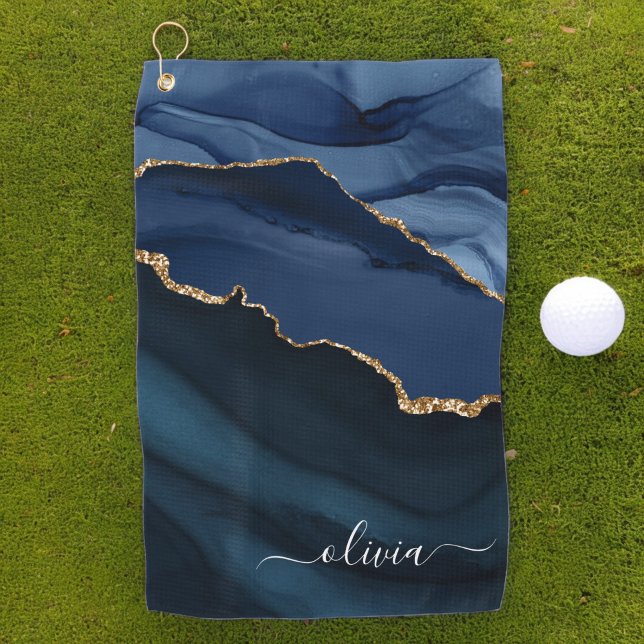 Navy Blue Agate Geode Gold Monogram Golf Towel (Creator Uploaded)