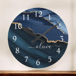 Navy Blue Agate Geode Gold Monogram Large Clock<br><div class="desc">Navy Blue and Gold Foil Agate Geode Monogram Beautiful Elegant Script Name Clock. This makes the perfect sweet 16, 13th, 15th, 16th, 18th, 21st, 30th, 40th, 50th, 60th, 70th, 80th, 90th, 100th birthday, wedding, bridal shower, anniversary, back to school, baby shower, graduation or bachelorette party gift for someone decorating her...</div>