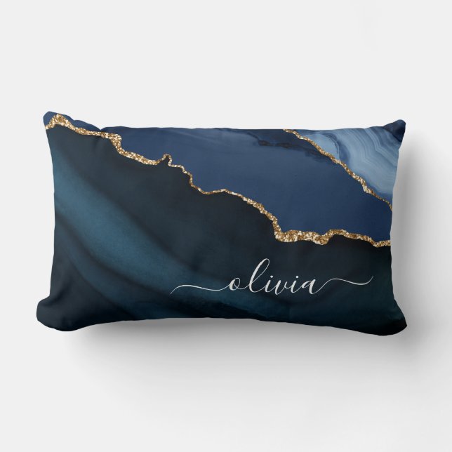 Navy Blue Agate Geode Gold Monogram Lumbar Pillow (Front)