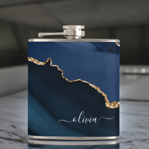 Navy Blue Agate Geode Gold Monogram Modern Flask