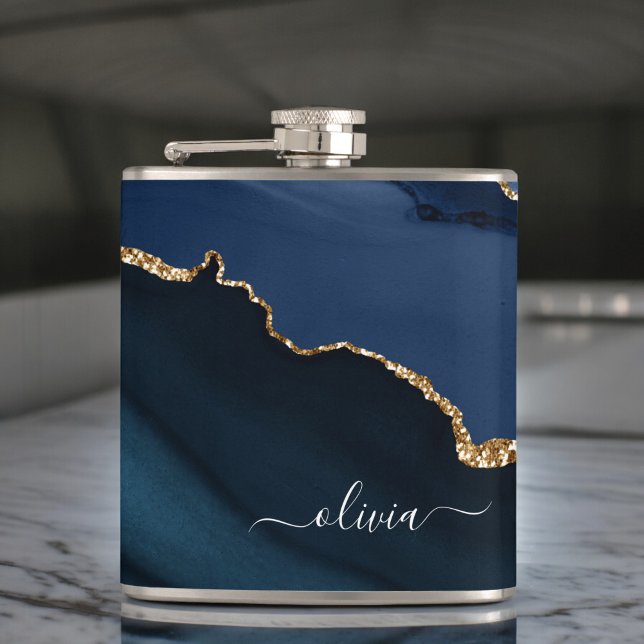 Navy Blue Agate Geode Gold Monogram Modern Flask (Creator Uploaded)