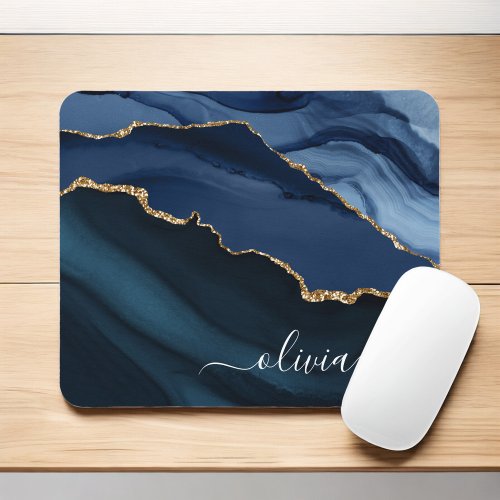 Navy Blue Agate Geode Gold Monogram Mouse Pad