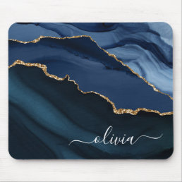 Navy Blue Agate Geode Gold Monogram Mouse Pad