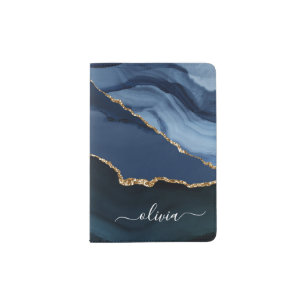 Navy Blue Agate Geode Gold Monogram Passport Holder