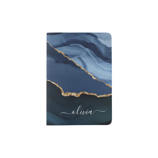 Navy Blue Agate Geode Gold Monogram Passport Holder (Front)
