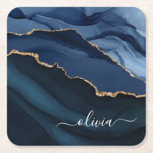 Navy Blue Agate Geode Gold Monogram Square Paper Coaster
