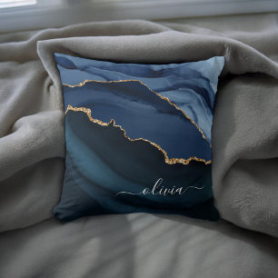 Navy Blue Agate Geode Gold Monogram Throw Pillow