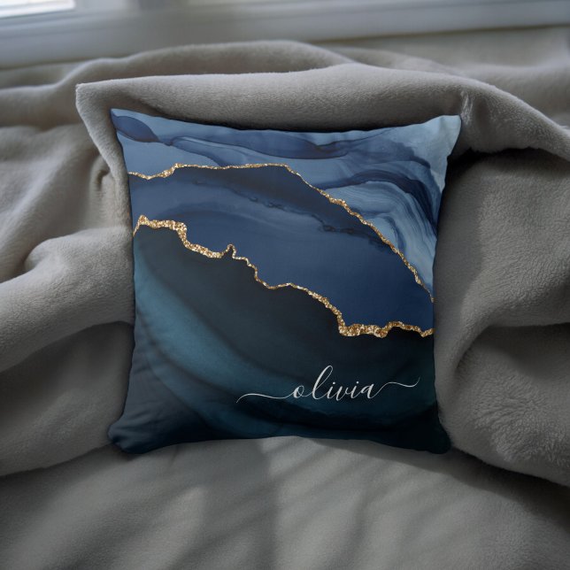 Navy Blue Agate Geode Gold Monogram Throw Pillow (Creator Uploaded)