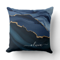 Navy Blue Agate Geode Gold Monogram Throw Pillow
