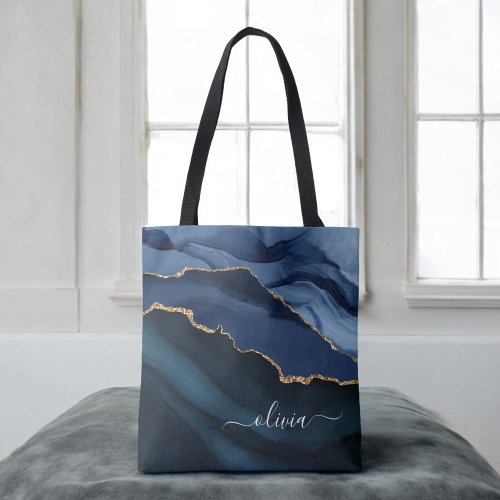 Navy Blue Agate Geode Gold Monogram Tote Bag