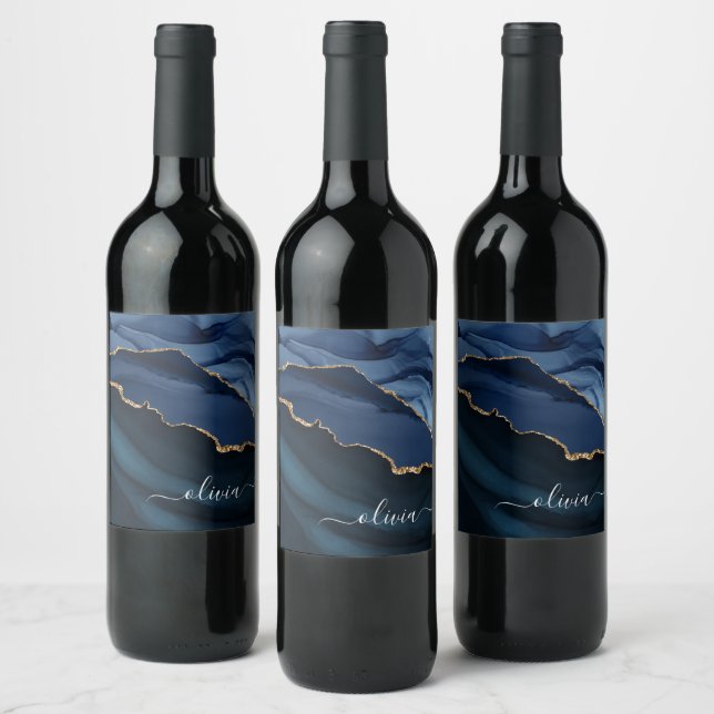 Navy Blue Agate Geode Gold Monogram Wine Label (Bottles)