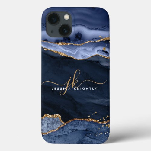 Navy Blue Agate Geode Gold Script Monogram iPhone 13 Case