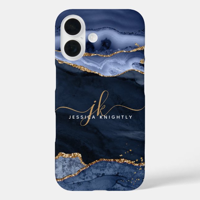 Navy Blue Agate Geode Gold Script Monogram Case-Mate iPhone Case (Back)