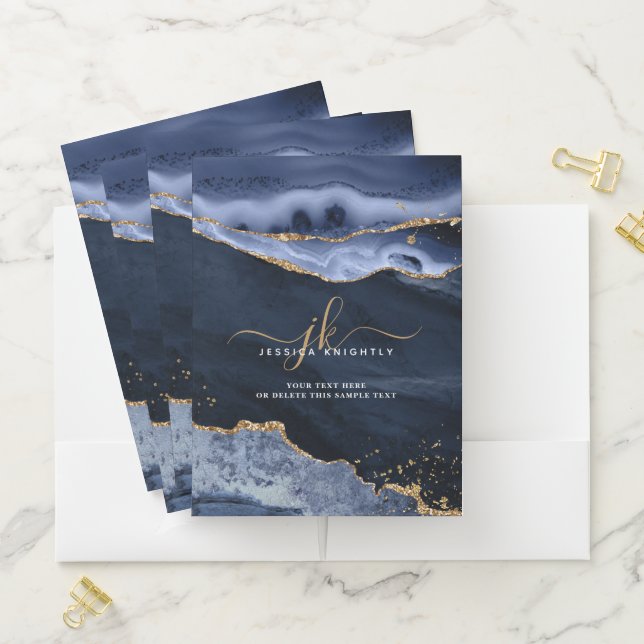 Navy Blue Agate Geode Gold Script Monogram Pocket Folder (In Situ)