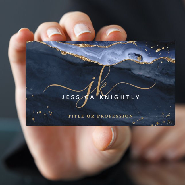 Navy Blue Agate Geode Monogram Gold Script Business Card (Creator Uploaded)