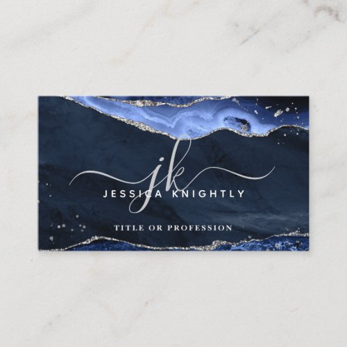 Navy Blue Agate Geode Monogram Silver Script Business Card