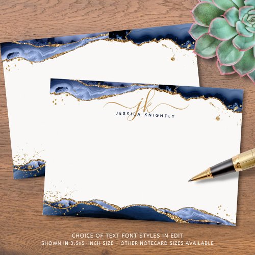 Navy Blue Agate Geode Script Monogram Gold Glitter Note Card