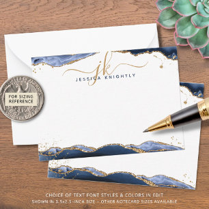 Navy Blue Agate Geode Script Monogram Gold Glitter Note Card