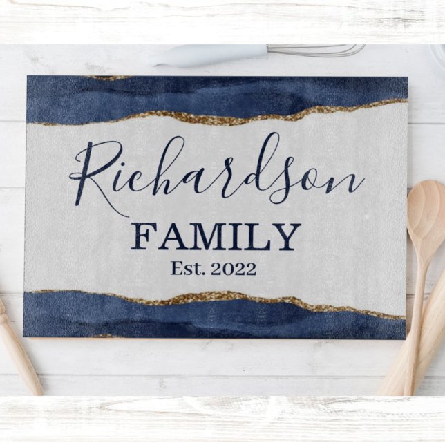 Navy Blue Agate Glitter Gold White Family Name Cut Cutting Board (Creator Uploaded)