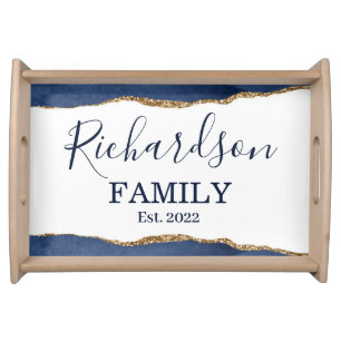 Navy Blue Agate Glitter Gold White Family Name Serving Tray