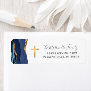 Navy Blue Agate Gold Cross Return Address Label