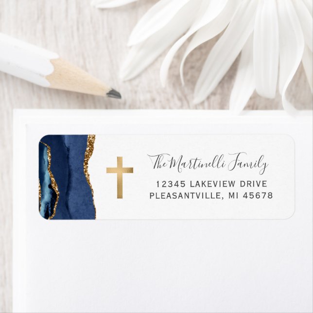 Navy Blue Agate Gold Cross Return Address Label (Insitu)