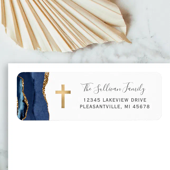 Navy Blue Agate Gold Cross Return Address Label | Zazzle