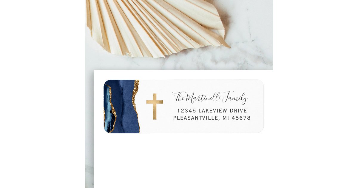 Navy Blue Agate Gold Cross Return Address Label | Zazzle