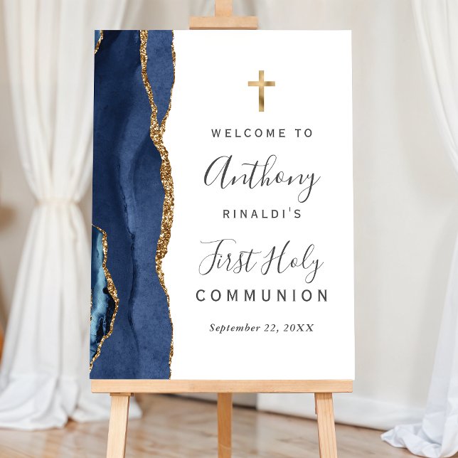 Navy Blue Agate Gold First Holy Communion Welcome Foam Board (Creator Uploaded)