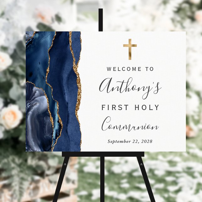Navy Blue Agate Gold First Holy Communion Welcome Foam Board (Creator Uploaded)