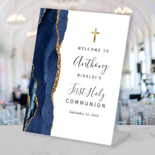 Navy Blue Agate Gold First Holy Communion Welcome Pedestal Sign