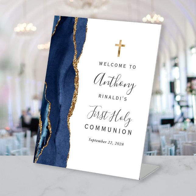 Navy Blue Agate Gold First Holy Communion Welcome Pedestal Sign (Creator Uploaded)