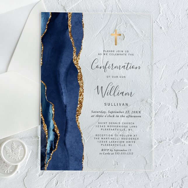Navy Blue Agate Gold Glitter Confirmation Acrylic Invitations (Creator Uploaded)