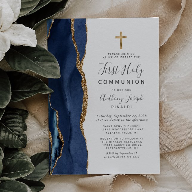 Navy Blue Agate Gold Glitter First Holy Communion Invitation (Creator Uploaded)