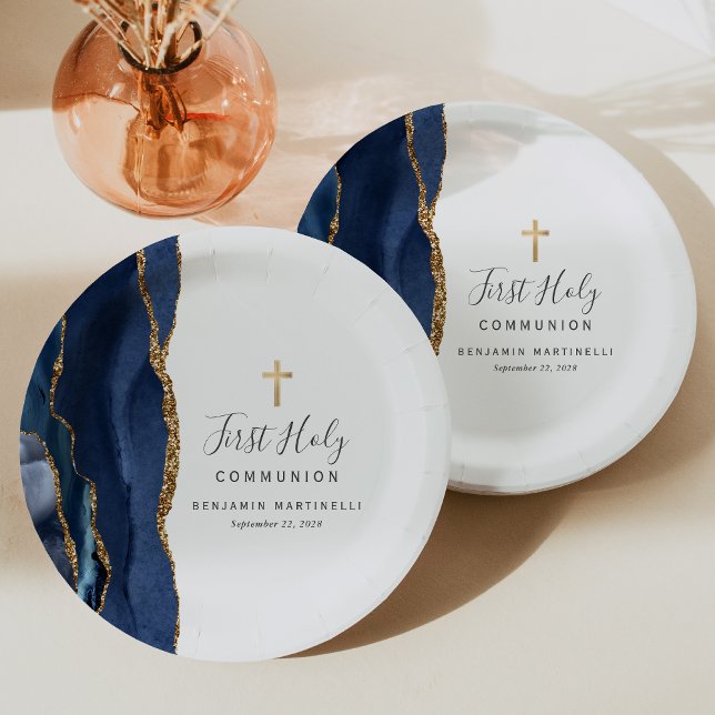 Navy Blue Agate Gold Glitter First Holy Communion Paper Plates (Creator Uploaded)