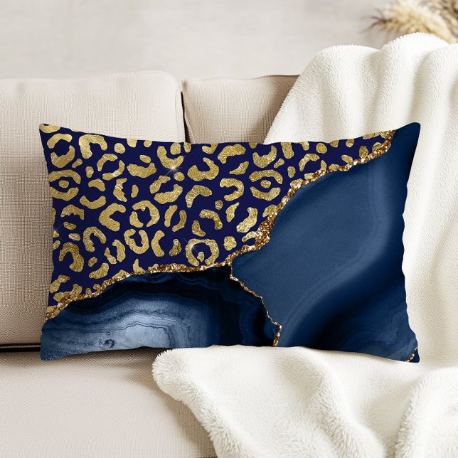 Navy Blue Agate Gold Glitter Leopard Spots Accent Pillow (Creator Uploaded)