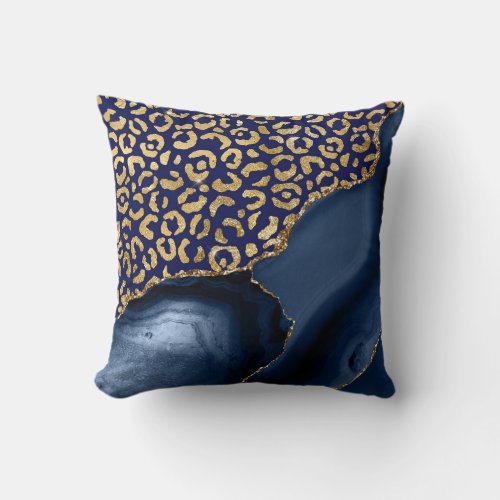 Navy Blue Agate Gold Glitter Leopard Spots Throw Pillow