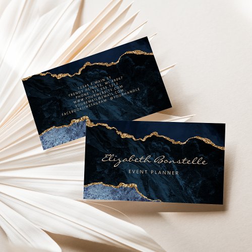 Navy Blue Agate Gold Glitter Luxury Business Card