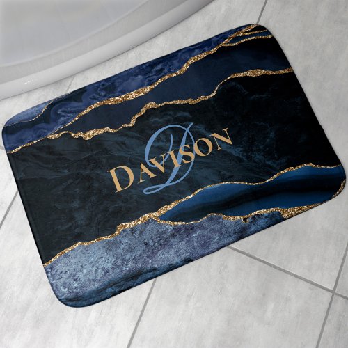 Navy Blue Agate Gold Glitter Monogram Bath Mat