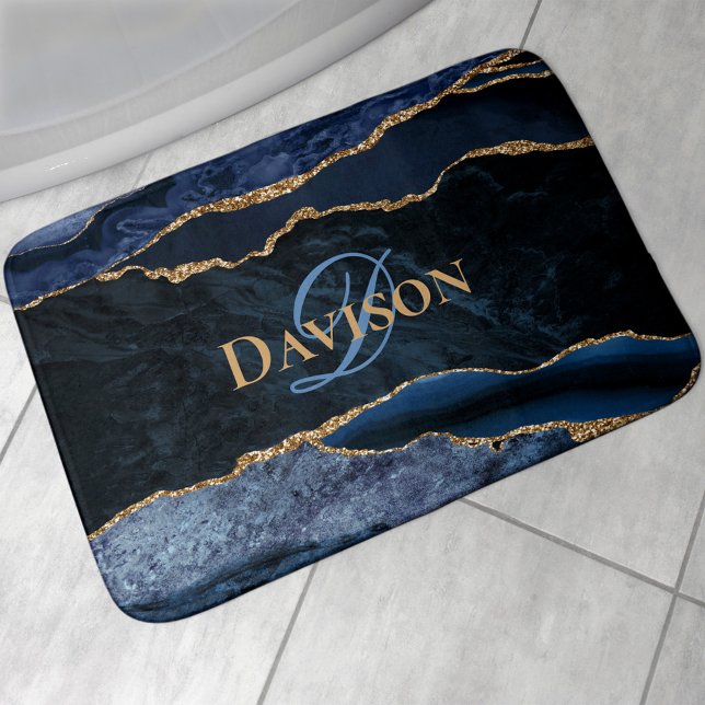 Navy Blue Agate Gold Glitter Monogram Bath Mat (Creator Uploaded)