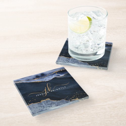 Navy Blue Agate Gold Glitter Script Monogram Glass Coaster