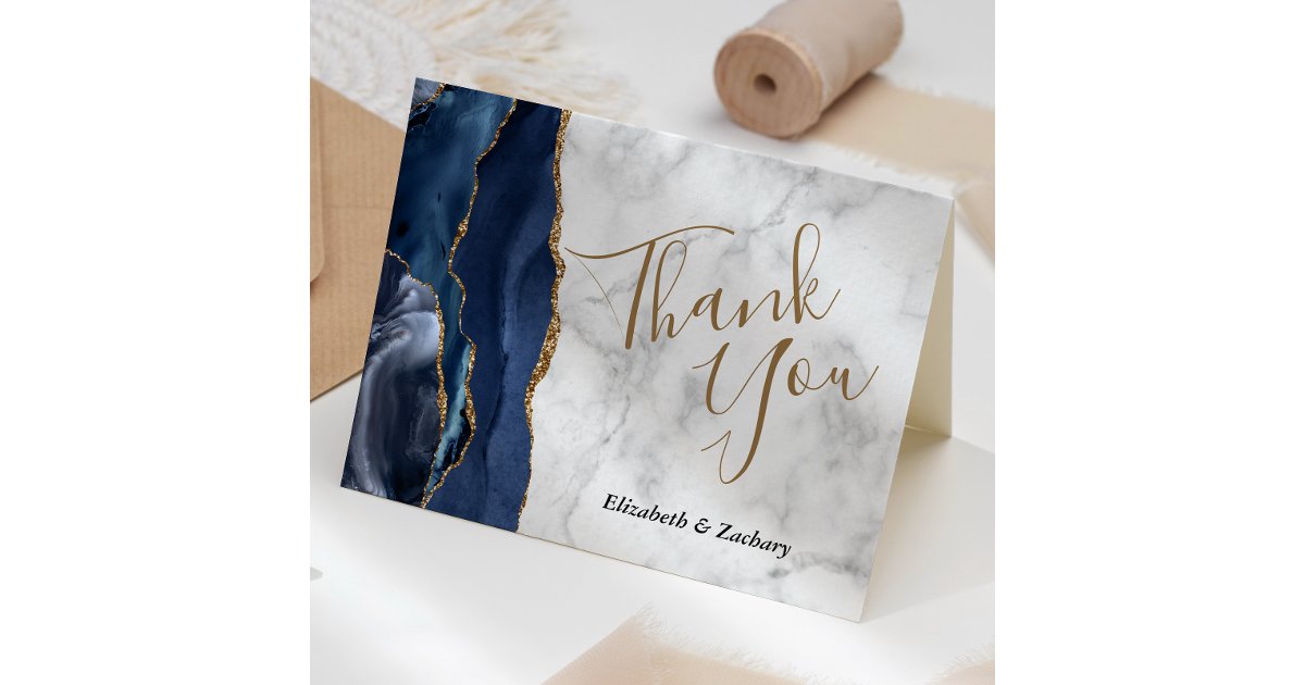Navy Blue Agate Gold Gray Marble Wedding Thank You Card | Zazzle
