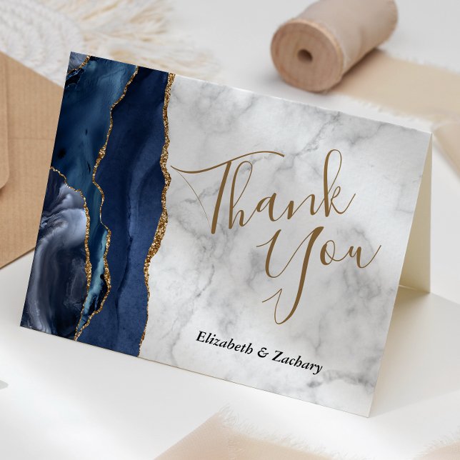 Navy Blue Agate Gold Gray Marble Wedding Thank You Card (Creator Uploaded)