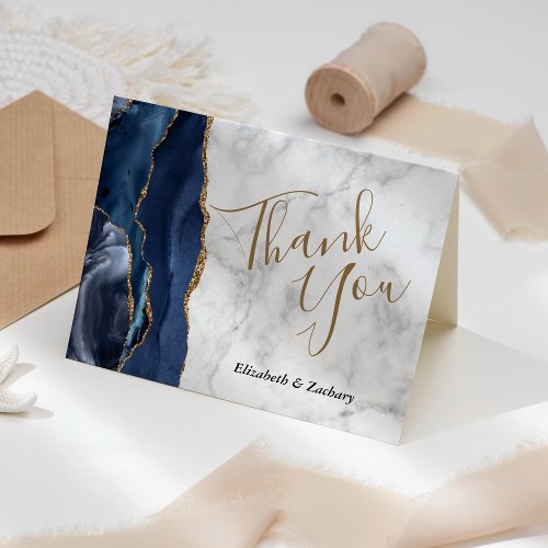 Navy Blue Agate Gold Gray Marble Wedding Thank You Card