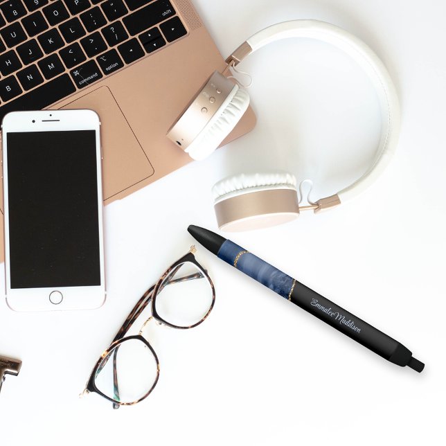 Navy Blue Agate Gold Marble Monogrammed Pen (Creator Uploaded)