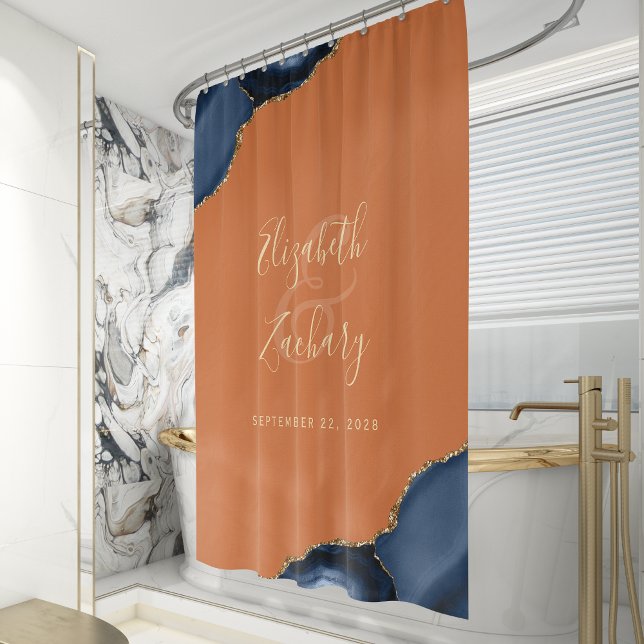 Navy Blue Agate Gold Rust Personalized Wedding Shower Curtain (Creator Uploaded)