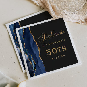 Navy Blue Agate Gold Script Dark 50th Birthday Napkins