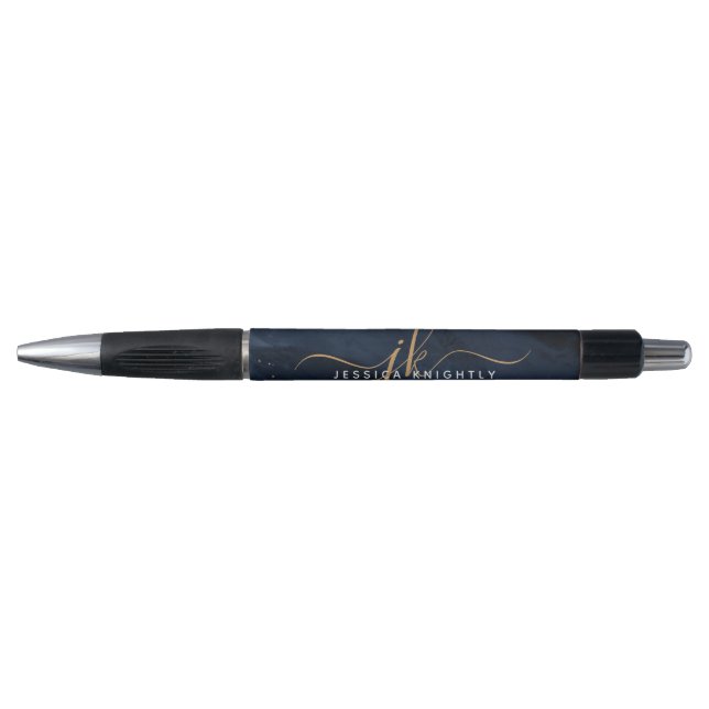 Navy Blue Agate Gold Script Monogram Pen (Front)